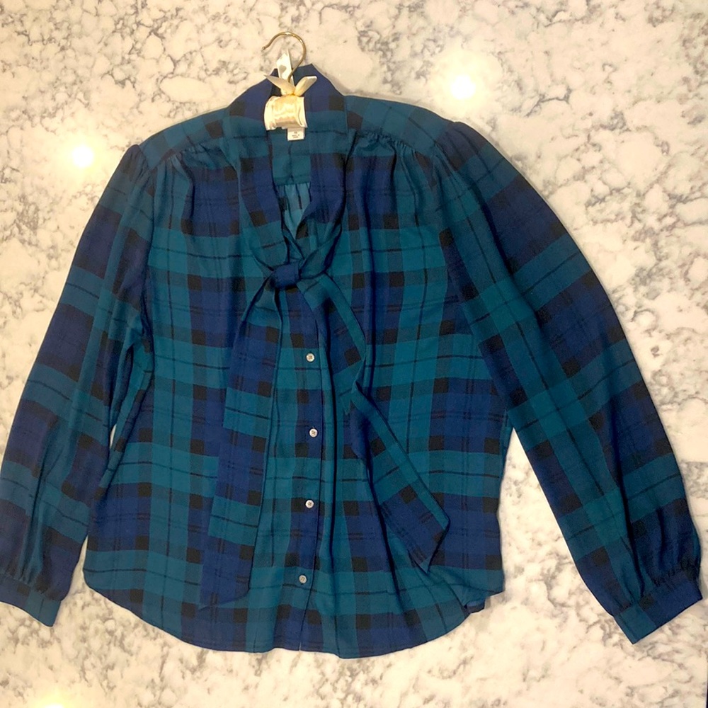 J. Crew Blouse, blackwatch plaid & tie neck